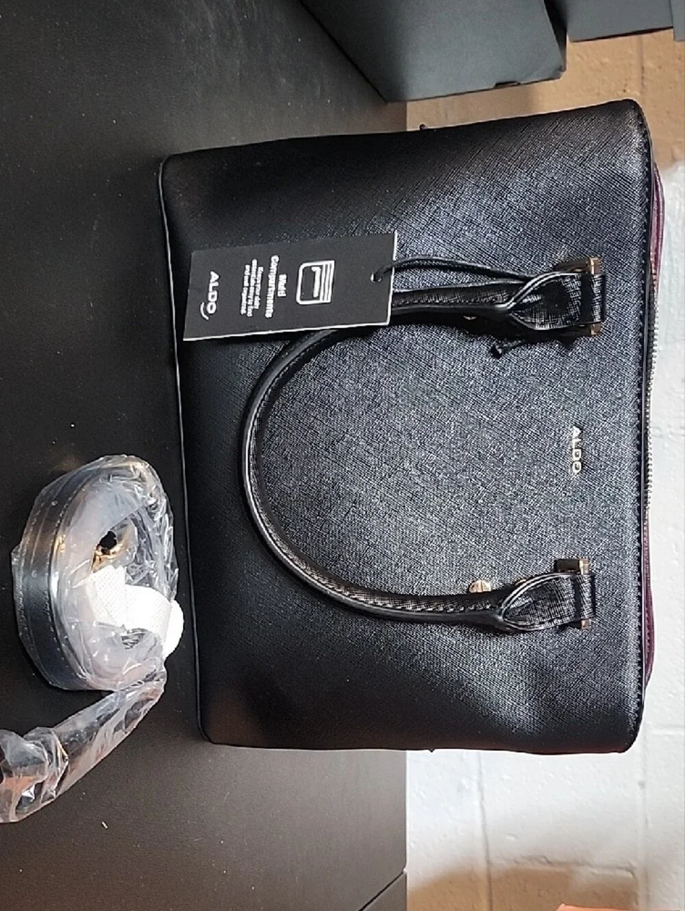 ALDO Black Satchel with Plum Trim and Gold Hardware